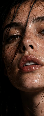 Editorial portrait, wet hair, bare skin.