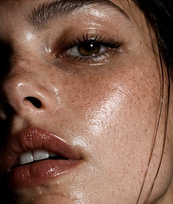 Close portrait, skin lit hard enough to show every mark.